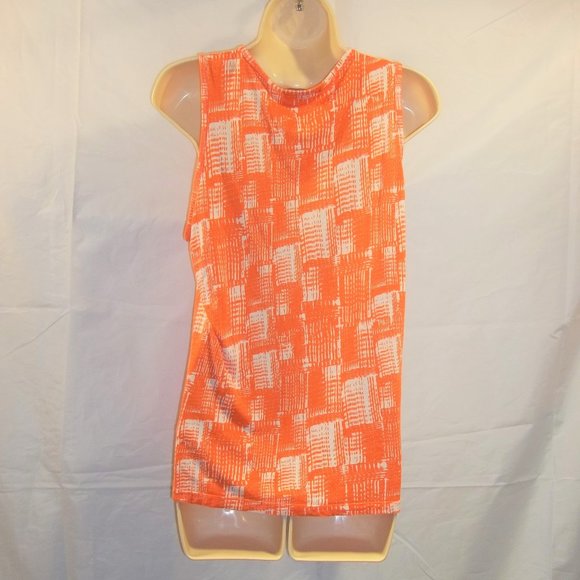 Cha Cha Vente Womens Tank Top Size Medium Crochet Pleated Geometric Orange White - Picture 2 of 6